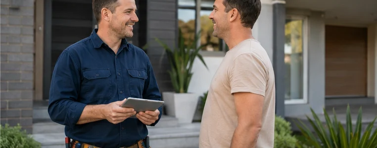 Friendly electrician speaking with a homeowner outside a modern home