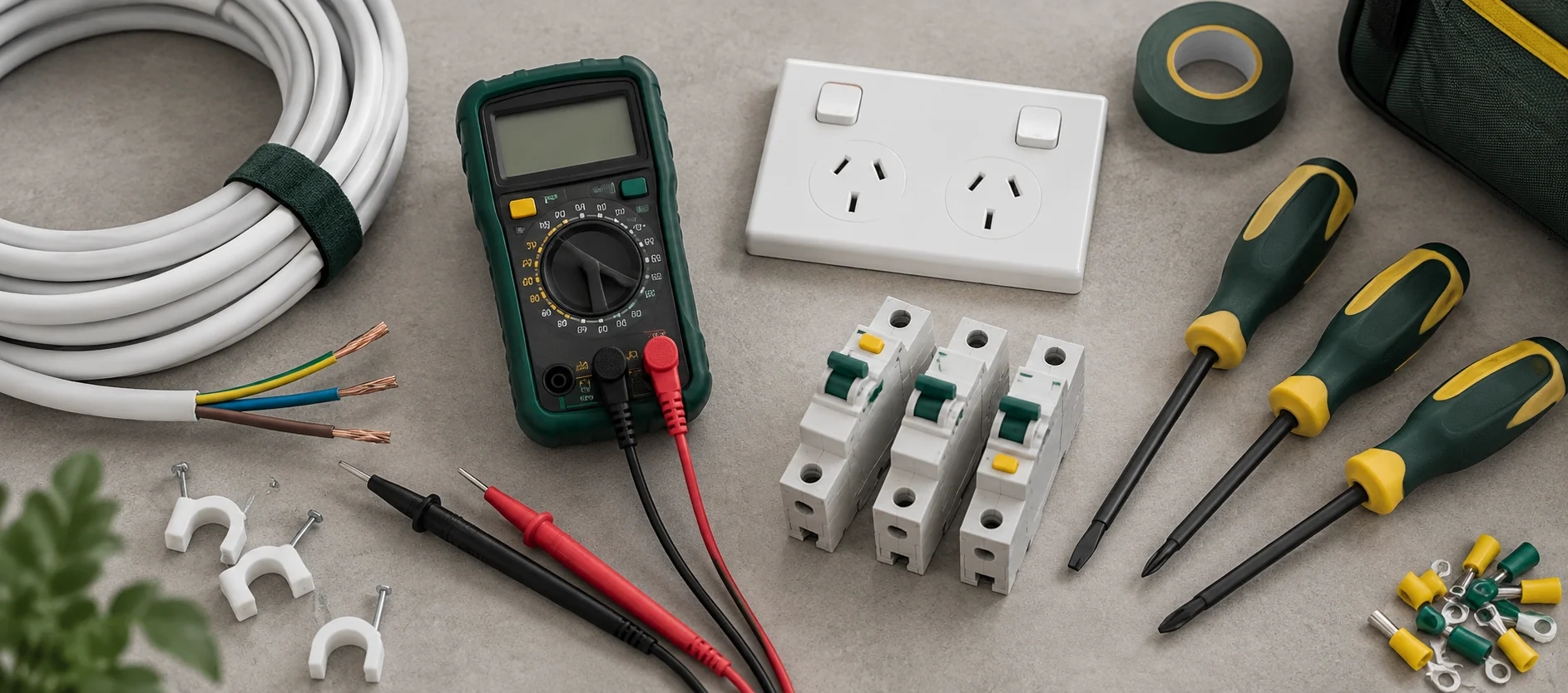 Electrical tools, cable, circuit breakers and an Australian power outlet on a workbench